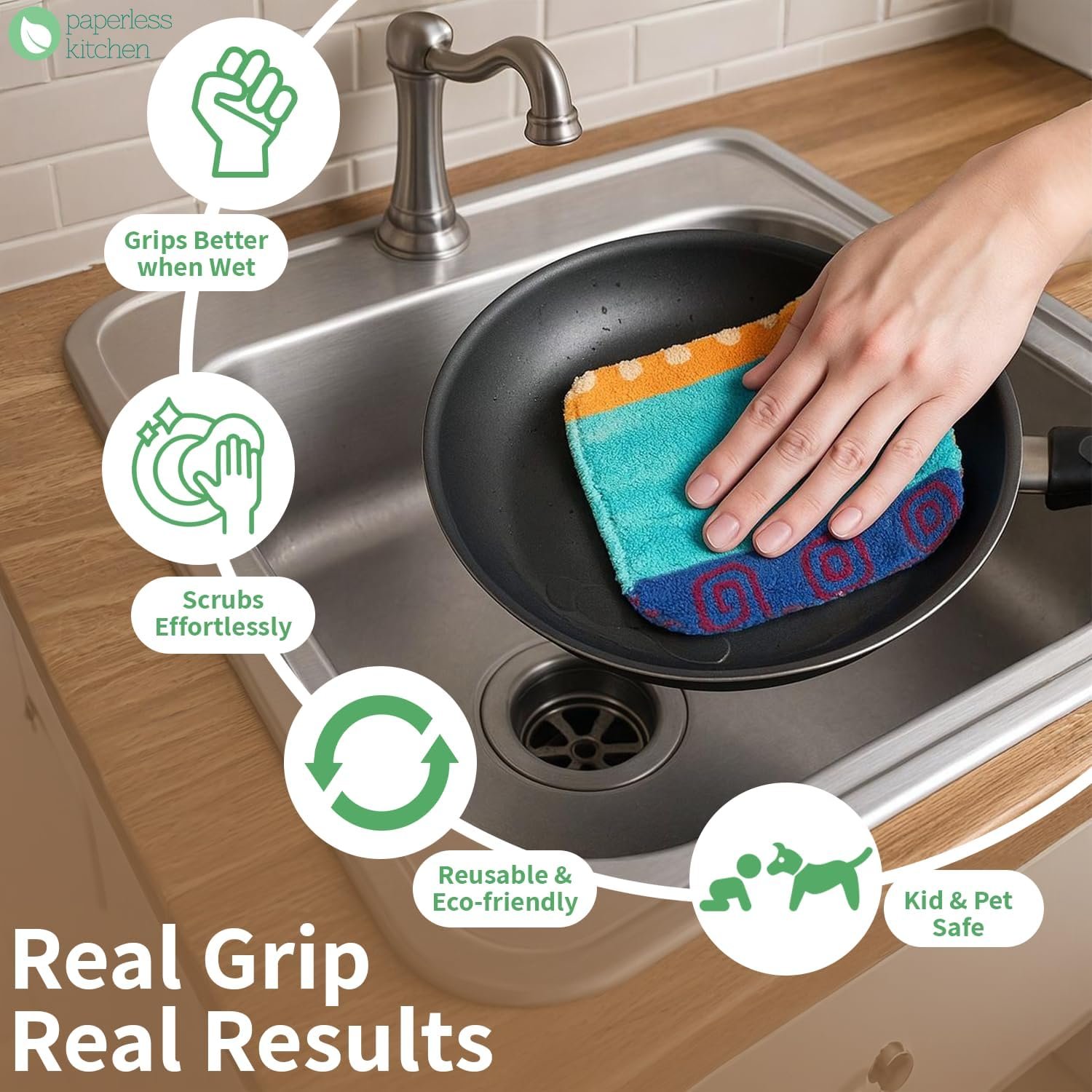 Estropajo reutilizable para fregar platos - detalle de uso en cocina